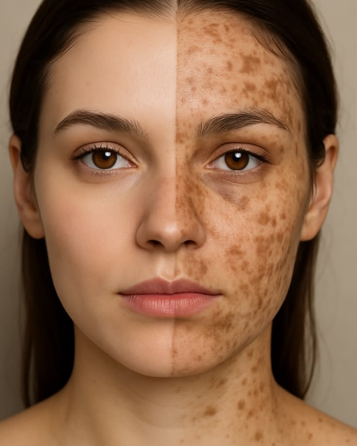 Hyperpigmentation contrast — clear skin versus sun damage and freckling
